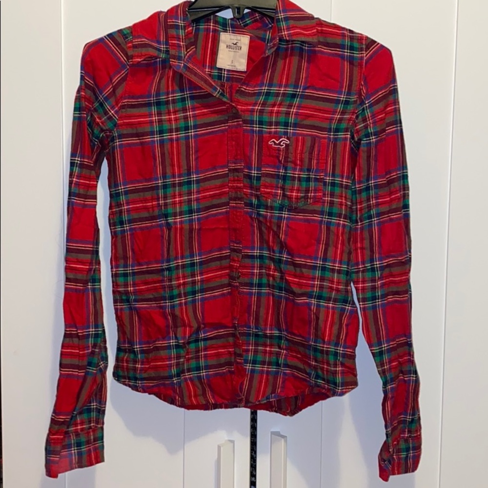 Plaid red and green long sleeve button down shirt